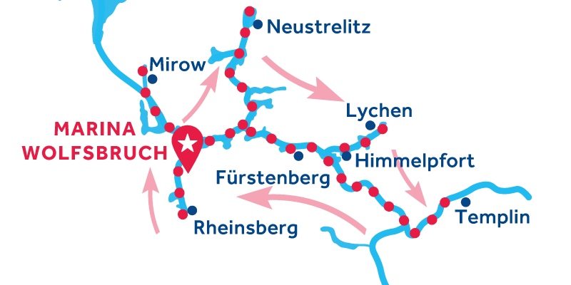 Marina Wolfsbruch RETURN via Rheinsburg, Mirow, Neustrelitz, Lychen, Templin