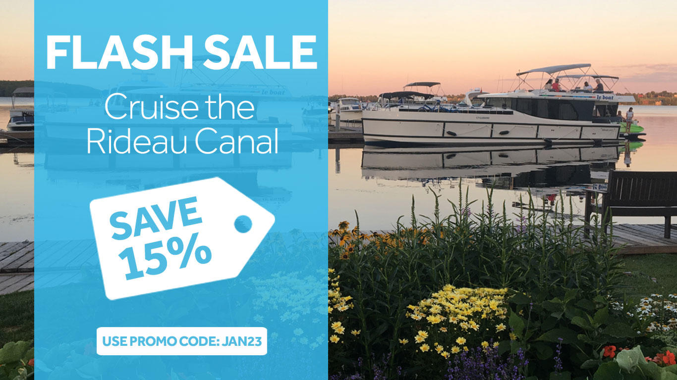 Flash Sale - Save up to 15% on Rideau Canal Cruises offer with image of boats docked in harbour and spring flowers in the background