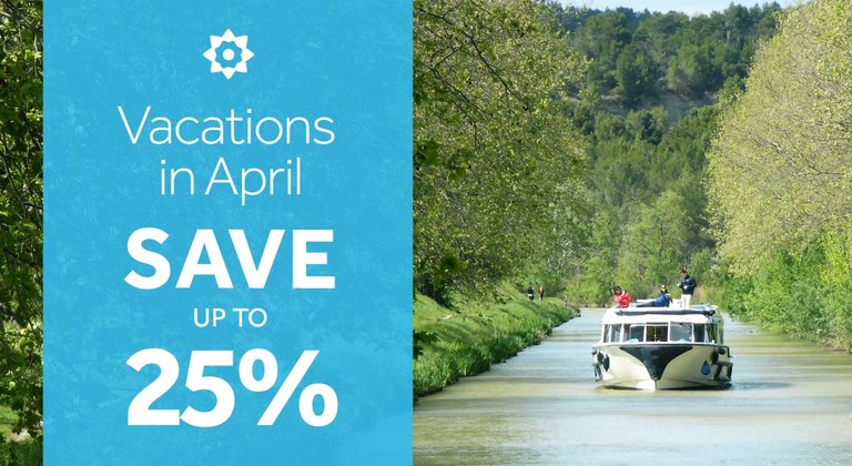 Save up to 25% on Vacations in April 2023 offer. Image of a boat on a spring tree-lined canal