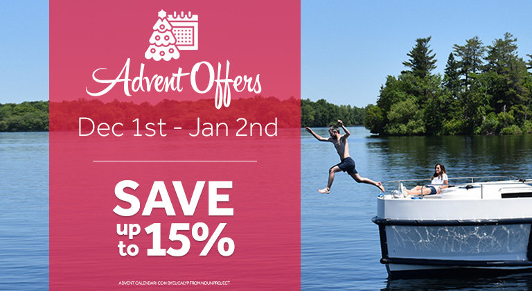 December Save up to 15% offer with person jumping from a boat in the background