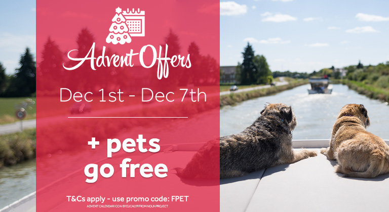 Advent - Week 1 promo pets go free with image of dogs on a boat in the background