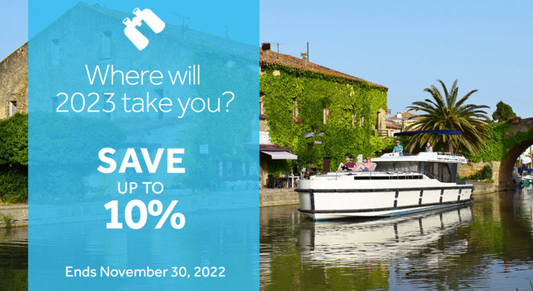 10% off early booking for 2023 offer with horizon boat on the canal du midi in the background