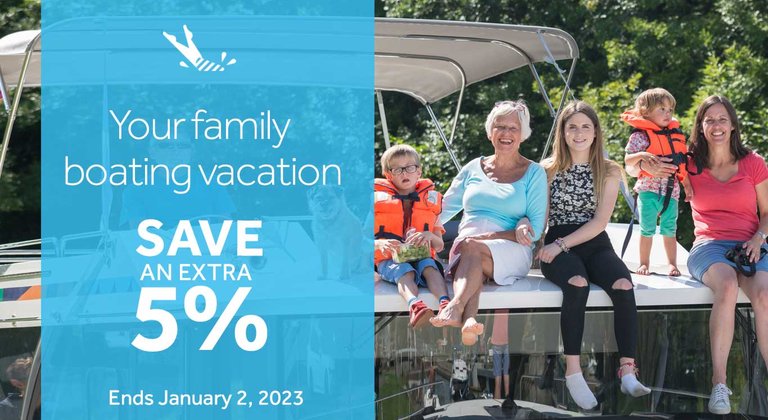 Family offer save an extra 5% with image of family on the top deck of a boat