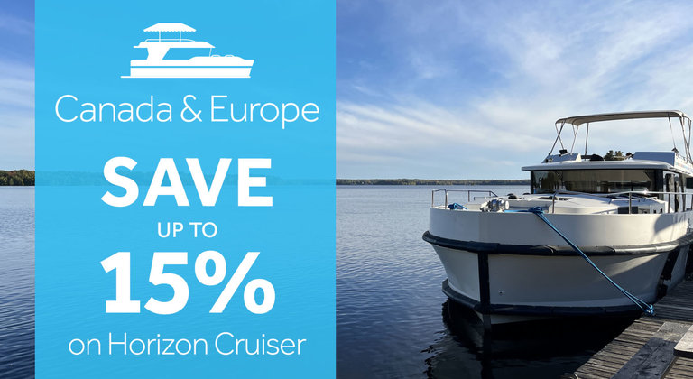 Save up to 15% on Premier Horizon Fleet in 2023 Offer. Image on a Horizon Boat moored on a lake in Canada