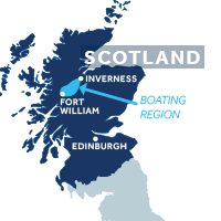 Map showing where the Caledonian Canal boating region is in Scotland